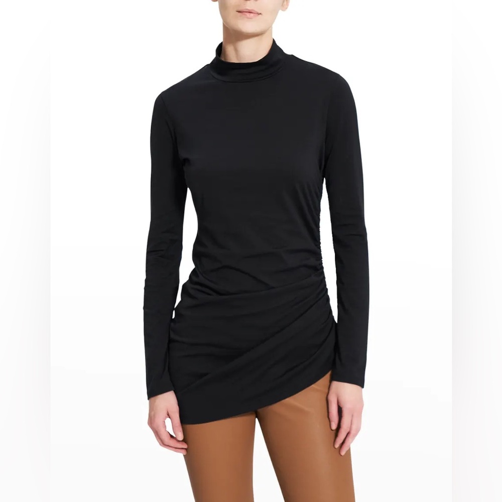 NWT Theory Black Pima Cotton Ruched Side Long Sleeve Top Large
